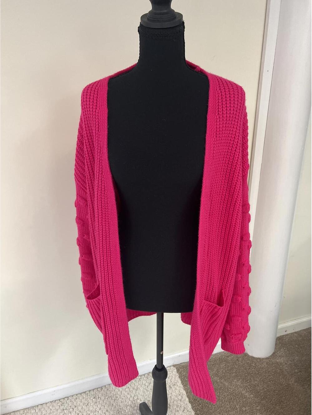 Pink Chunky Knit Open Front Cardigan Sweater with Pockets
